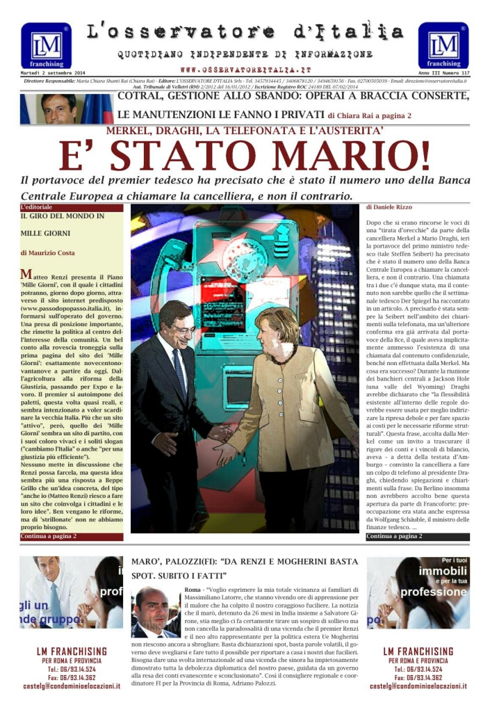 L'osservatore d'Italia edizione del 2 Settembre 2014